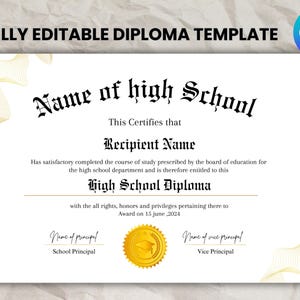 Printable High School Diploma Template, Home School Diploma, High School Diploma, Diploma Replica Template, Instant Download