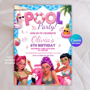 Puede incluir: Una plantilla de invitación para fiesta en la piscina con un flotador de unicornio, una piña y tres personajes en traje de baño. El texto dice: POOL Party! JOIN US TO CELEBRATE Olivia's 6TH BIRTHDAY SATURDAY JUNE 15TH 2026 AT 1:00 PM 123 SUNSHINE LANE HAPPYTOWN, CA 12345 RSVP TO MOM 123-456-7890.