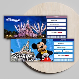 May include: Two blue and white Disneyland Paris ticket stubs with a photo of the castle and fireworks on the top stub and a photo of Mickey Mouse in front of the castle on the bottom stub. The text "I love you" is printed on both stubs.