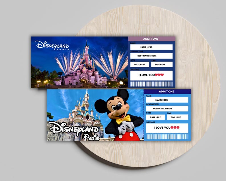 May include: Two blue and white Disneyland Paris ticket stubs with a photo of the castle and fireworks on the top stub and a photo of Mickey Mouse in front of the castle on the bottom stub. The text "I love you" is printed on both stubs.