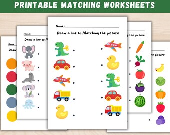 Printable Matching Worksheets Bundle, Match The Picture, Kindergarten Preschool Activity, Educational Pages, Instant Download