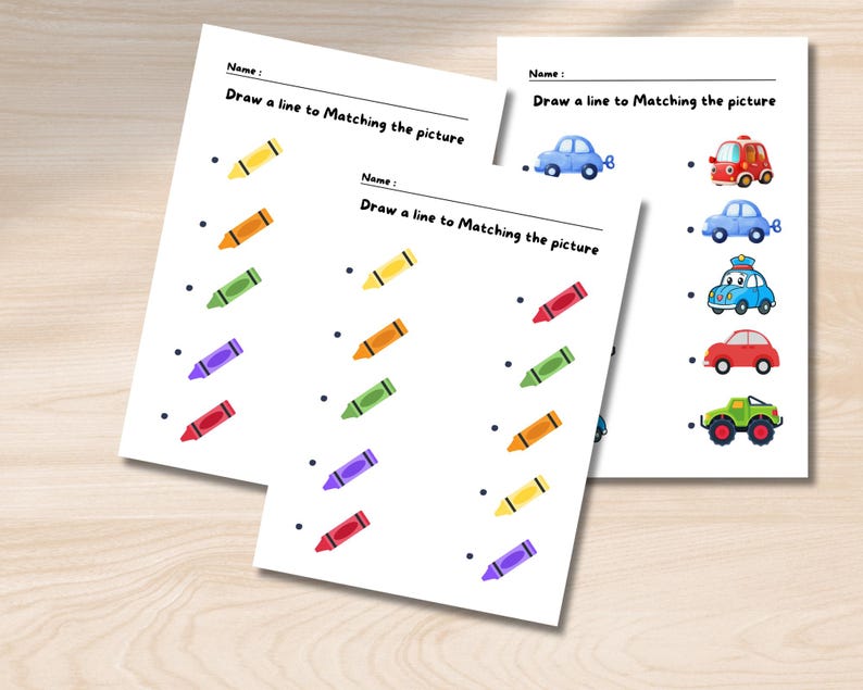 May include: A printable worksheet with a matching game for kids. The worksheet has a column of crayons in different colors and a column of pictures of cars. The child is instructed to draw a line from each crayon to the car that matches its color.