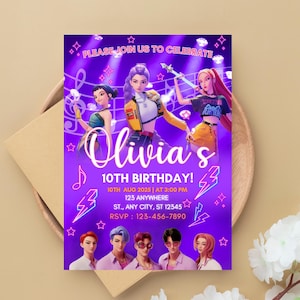 Editable KPop Demon Hunter Birthday Invitation Template, Kpop Anime Birthday Party Invite, Girls Birthday Invite, Canva Template, Printable