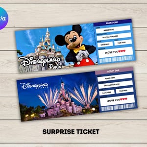 May include: Two blue and white admission tickets for Disneyland Paris. The top ticket features a cartoon image of Mickey Mouse in front of a castle. The bottom ticket features a nighttime view of the castle with fireworks. Both tickets say "I Love You" with hearts.