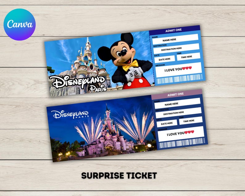 May include: Two blue and white admission tickets for Disneyland Paris. The top ticket features a cartoon image of Mickey Mouse in front of a castle. The bottom ticket features a nighttime view of the castle with fireworks. Both tickets say "I Love You" with hearts.