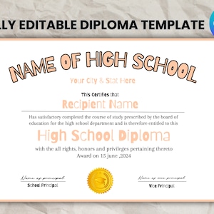Printable High School Diploma Template, Home School Diploma, High School Diploma, Diploma Replica Template, Instant Download