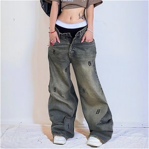 Jeans larghi a vita bassa da donna, jeans streetwear denim oversize, Halloween, regalo di Natale