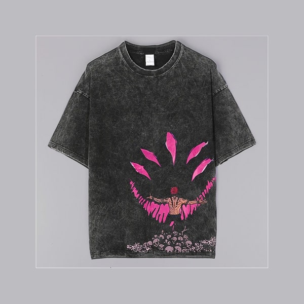 Baggy Anime Washed Gojo Embroidered Tee For Men, Acid Washed Graphic T-shirt, Vintage Oversized Top, Streetwear