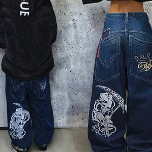 Streetwear Oversized Baggy Jeans, Death Embroidered Skull and Dragon Women's Jeans, Gift for her, Christmas, Halloween Pants