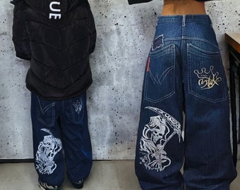 Streetwear Oversized Baggy Jeans, Death Embroidered Skull and Dragon Women's Jeans, Gift for her, Christmas, Halloween Pants