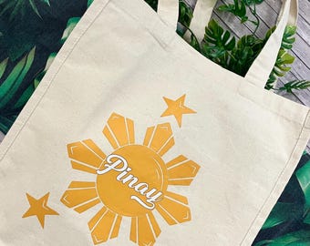 Pinay Philippine Sun and Stars Canvas Tote Bag, 6 inside Pockets, Filipino inspired, Philippines inspired, 100% Cotton Canvas.