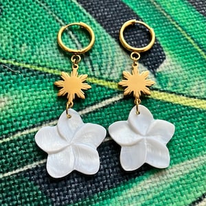 Philippine Sun Stainless Steel and Natural Shell Sampaguita Flower Hoop Earrings, Philippine Inspired, AAPI Gift, Filipiniana, Filipino gift