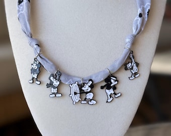 Steamboat Willie Charm Necklace, Vintage Cartoon Mouse Jewelry, Retro Bandana Necklace, Black & White Charm Necklace, Christmas Gift for Her
