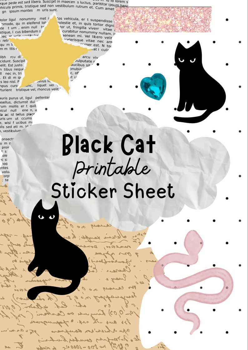 Black Cat Printable Sticker Sheet Clipart Digital Planner Stickers