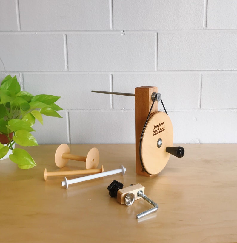 Handcrafted Maple Weavers' Shuttle Bobbin Winder for use with bobbins, weaving loom and boat shuttle. Watch our demonstration video image 4