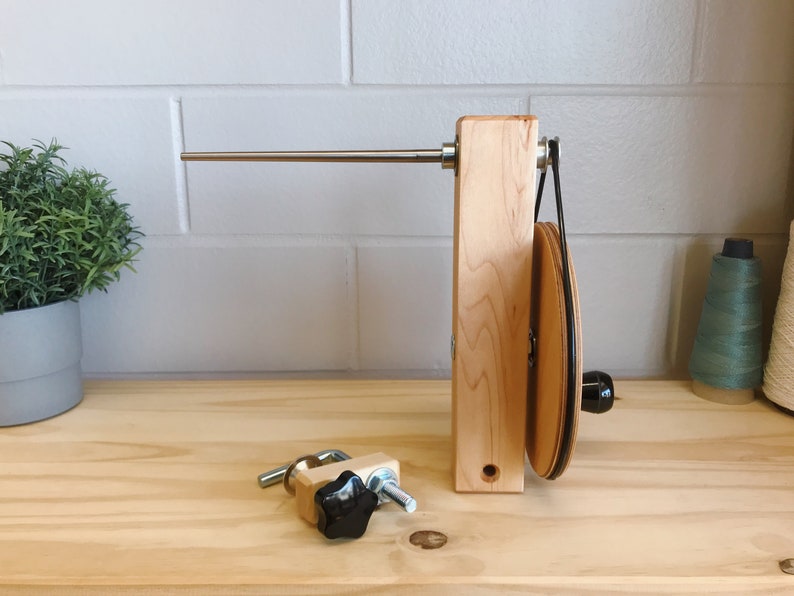 Handcrafted Maple Weavers' Shuttle Bobbin Winder for use with bobbins, weaving loom and boat shuttle. Watch our demonstration video image 3