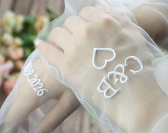 Personalized Wedding Gloves: Sheer Fingerless Bridal Sleeves, Wedding Date Gloves, Wedding Gift