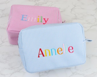 Personalized Embroidered Cosmetic Bag Candy Stripe Rainbow Monogramed Makeup Bag Personalised Name Cosmetic Pouch Bridal Shower Travel Pouch