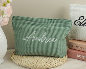 Embroidered Corduroy Makeup Bag,Bridesmaid Makeup Bag,Monogramed Toiletry Bag,Name Makeup Bag,Bridesmaid Gift,Women ToiletryBag,Gift for Her