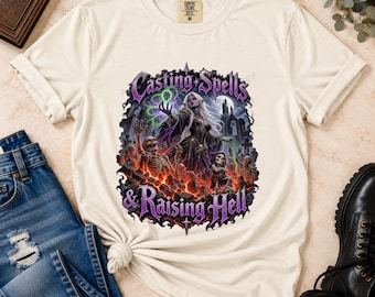 Casting Spells & Raising Hell T-Shirt | Necromancer Fantasy RPG Tee | Gothic Gamer Shirt | DnD Gift
