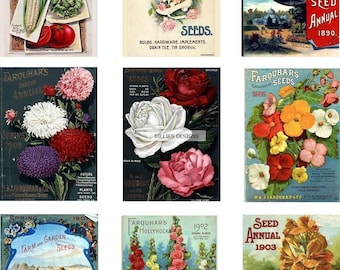 May include: A collage of nine vintage seed company advertisements featuring colorful illustrations of flowers, vegetables, and plants. The ads include text such as "Farquhar's Garden Annual", "Seed Annual 1890", and "Farmer Seed Co."