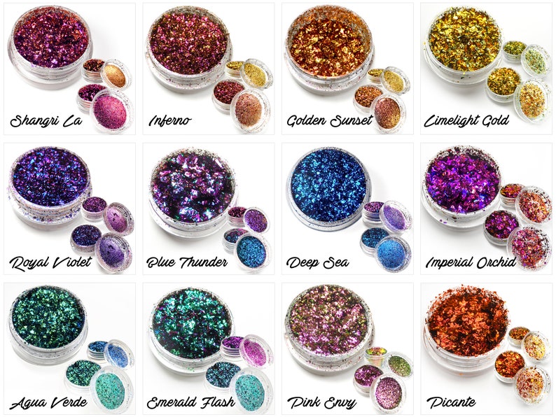 May include: Twelve small jars of iridescent glitter, each with a different color and name. The colors include gold, red, purple, blue, green, and pink. The names include Shangri La, Inferno, Golden Sunset, Limelight Gold, Royal Violet, Blue Thunder, Deep Sea, Imperial Orchid, Aqua Verde, Emerald Flash, Pink Envy, and Picante.