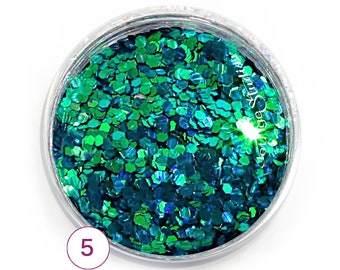 Holographic Multichrome Glitter COLOR 5 - PEACOCK Blue-Green Chameleon Hex Shape Mix Size