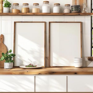 Puede incluir: Una maqueta de cocina de estilo cottagecore con dos marcos vacíos, una tabla de cortar de madera y un fregadero. La imagen incluye el texto "Cottagecore KITCHEN" y "SMART OBJECT EASY TO USE PSD FILE + PDF instruction JPEG 300 DPI HQ VIDEO TUTORIAL Ps PSD".