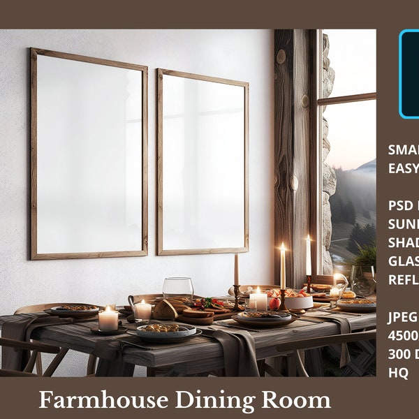 Dining Room Mockup Two Poster Frame, Set of 2 Wooden Digital Frame PSD Smart Object with Reflection Glass, DIN A Kitchen Mock up A0 PSD