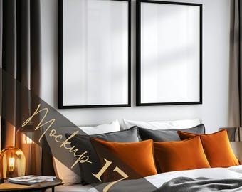 Modern Two Frame Bedroom Mockup with Velvet Pillows, 2 Poster Mockup Template PSD, Smart Object Glass Reflection, Editable Frames and Colors