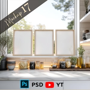 Cottage Küche Drei Rahmen Mockup, Rustikale Cottagecore Küche 3 Holzrahmen am Fenster PSD
