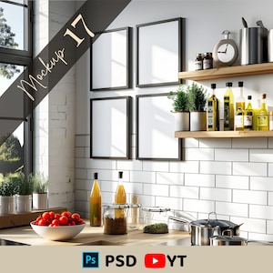 Cottage Kitchen Four Frame Mockup, Rustic Window View (PSD), Cozy Cottagecore 4 Frame Mock up