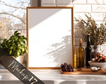 Scandi Kitchen Wall Art Gold Frame Mockup, Warm Interior Display, Modern Poster PSD