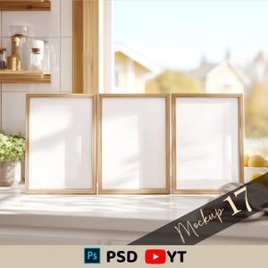 Cottage Kitchen Three Frame Mockup by Window, Cottagecore 3 Frames Mock Up PSD (Digital Download)