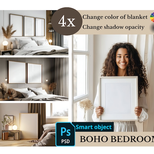 Boho Bedroom Mockup Bundle Set of 4, Three Two Poster Frame PSD, Wooden Frame Digital Mock-up, Woman Holding Frame in Hands DIN A Mock Up