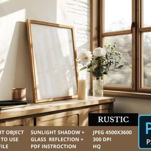 May include: A rustic wooden frame with a white background, a vase of white flowers, a candle, and a book on a wooden table. The frame is a smart object with a sunlight shadow and glass reflection. The image is 4500x3600 pixels, 300 DPI, and high quality.