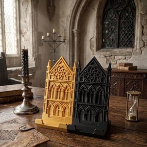 May include: A pair of gothic-style bookends, one gold and one black, with arched windows and rose window details. The bookends are made of a solid material and sit on a wooden table. A vintage hourglass and antique books are also on the table.
