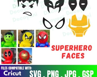 Pre-designed superhero face images, for vinyl printing, ideal for adding faces to Balloon Twister characters.