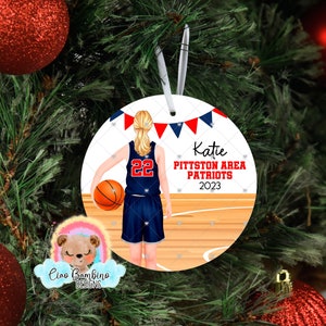 Girls Basketball Christmas Ornament / Personalize w Name, Year, School & Team Colors / Customize Hair, Skin / Personalized Basketball Gift image 3