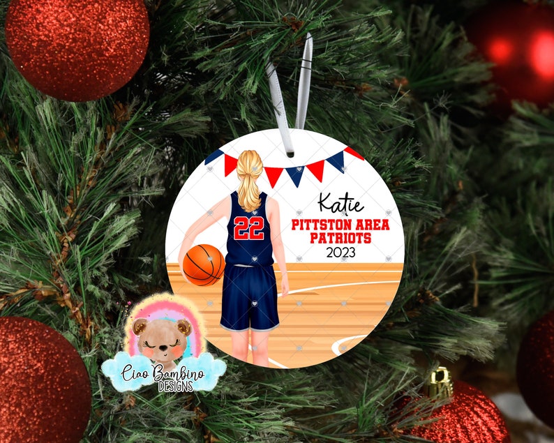 Girls Basketball Christmas Ornament / Personalize w Name, Year, School & Team Colors / Customize Hair, Skin / Personalized Basketball Gift image 3