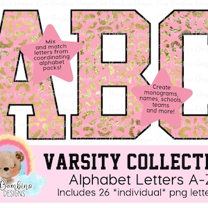 Pink and Metallic Gold Foil Leopard Print Alphabet Pack / Letters A - Z for Sublimation Designs, Shirts, Transfers / INSTANT DOWNLOAD