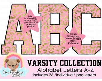 Pink and Metallic Gold Foil Leopard Print Alphabet Pack / Letters A - Z for Sublimation Designs, Shirts, Transfers / INSTANT DOWNLOAD