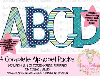 4 Complete Alphabet Sets / Coordinating Lime Green, Navy Blue, Teal & Aqua Letters for Sublimation Designs, Scrapbooks, Planners