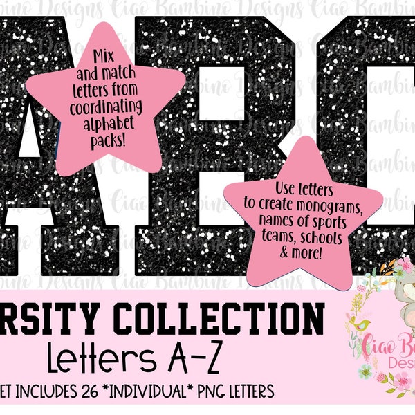 Black Glitter Alphabet Pack /Glitter Varsity Cheer Letters A - Z for Sublimation Designs, Game Day Shirts, Planners / INSTANT DOWNLOAD