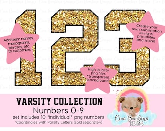 Gold Glitter Varsity Numbers Pack / Glitter Varsity Numbers 0 - 9 voor sublimatieontwerpen, Game Day Shirts, Planners / INSTANT DOWNLOAD