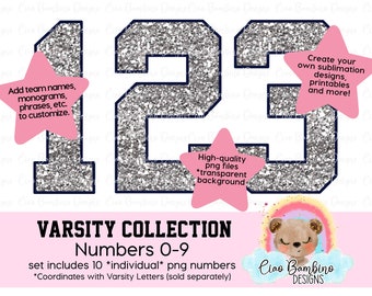 Zilver Glitter Varsity Numbers Pack / Glitter Varsity Numbers 0 - 9 voor sublimatieontwerpen, Game Day Shirts, Planners / INSTANT DOWNLOAD