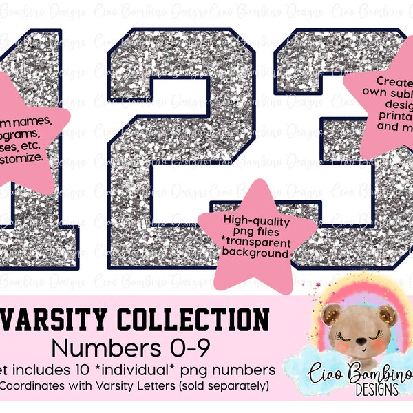 Silver Glitter Varsity Numbers Pack / Glitter Varsity Numbers 0 - 9 for Sublimation Designs, Game Day Shirts, Planners / INSTANT DOWNLOAD