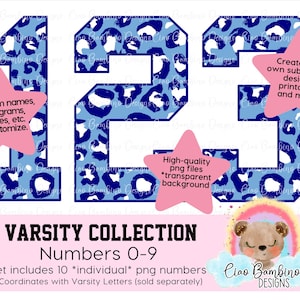 Carolina Blue Leopard Varsity Numbers Pack / Varsity Numbers 0 - 9 for Sublimation Designs, Game Day Shirts, Planners / INSTANT DOWNLOAD