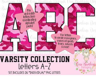 Hot Pink Camo Alphabet Pack / Valentine's Day Camouflage Varsity Letters A - Z for Sublimation Designs, Shirts, Planners / INSTANT DOWNLOAD