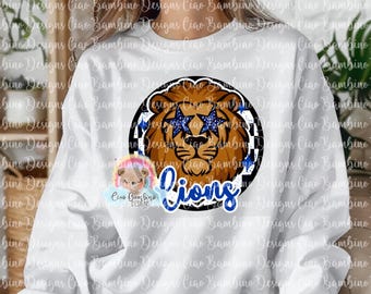 Lions Mascot PNG | Blue Lion School Spirit Design | Preppy Retro Mascot Shirt PNG | Sublimation & DTF Design | Instant Download